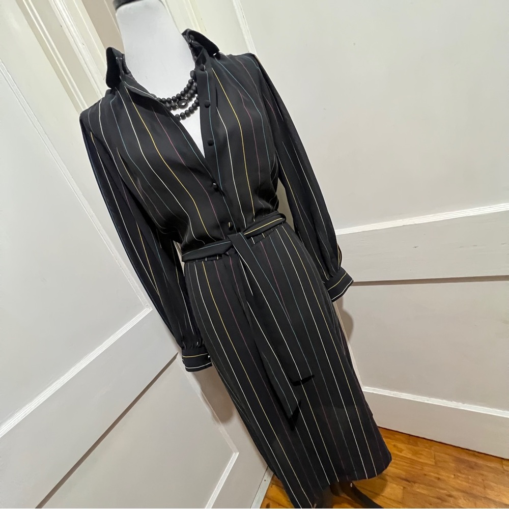 Vintage Ms. Chaus Black Dress with Colorful Pinstripes